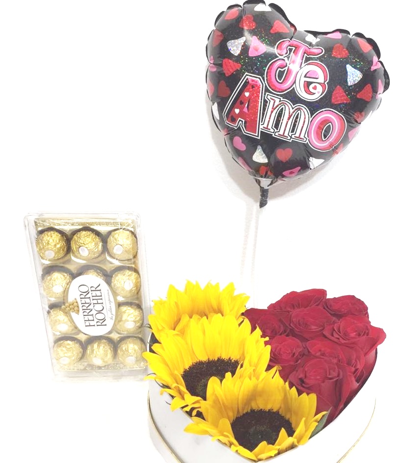 Caja corazón con 3 girasoles y 8 rosas ecuatorianas, Bombones Ferrero Rocher 150 Gramos y Globito